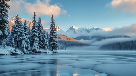 Beautiful winter landscape with frozen lake and snowy mountains at sunset.の写真素材