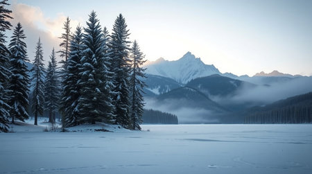 Beautiful winter landscape with frozen lake and mountains in the background.の写真素材
