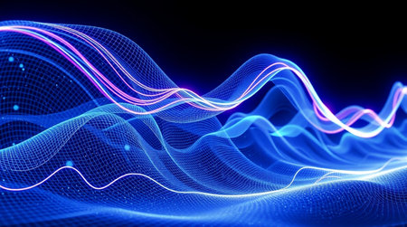 3d rendering of abstract digital wave with glowing particles, depth of field and bokeh