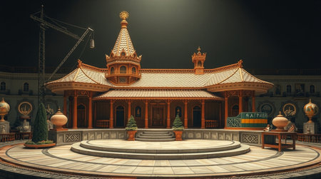 3D rendering of the ancient building in the city at night.の写真素材