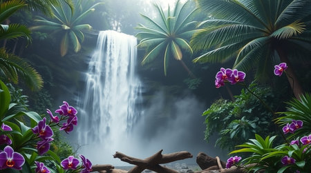 Beautiful waterfall in tropical forest with purple orchid flowers. 3d renderingの写真素材