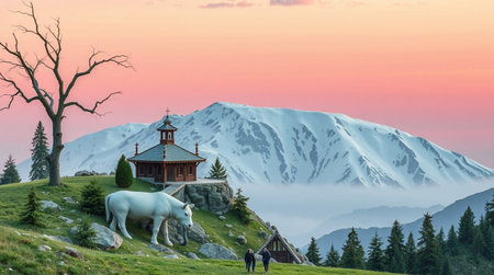 Beautiful alpine landscape with wooden chapel and white horse at sunrise