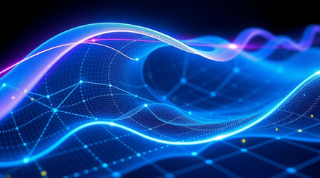 Futuristic technology wave background with glowing particles. 3d rendering