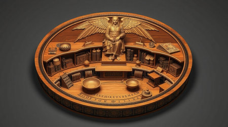 3D rendering of a wooden round table with a symbol of justiceの写真素材