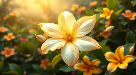 Beautiful yellow flower in the garden at sunset. Nature background.