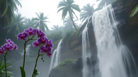 Beautiful tropical waterfall with orchid flowers in the rainforest.の写真素材