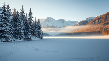 Beautiful winter landscape with a frozen lake and snow-capped mountainsの写真素材