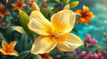 Beautiful yellow flower on the background of the garden. 3d illustrationの写真素材