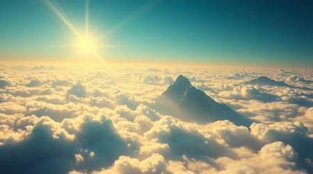 Beautiful aerial view above clouds with sunset. 3d rendering illustrationの写真素材