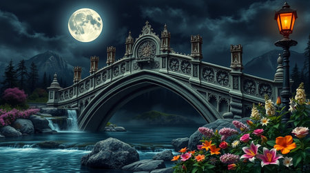 Fantasy landscape with bridge, flowers and full moon. 3D renderingの写真素材