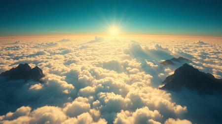 Beautiful aerial view above clouds at sunset. 3d rendering illustrationの写真素材
