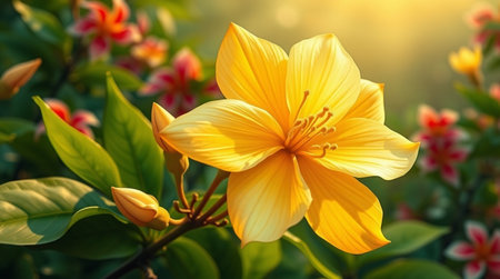 Beautiful yellow flower with green leaf and sunlight in the morning.