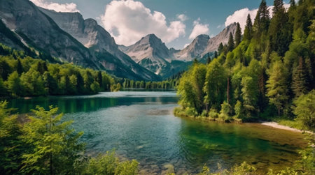 Panoramic view of the lake in the Dolomites, Italyの写真素材