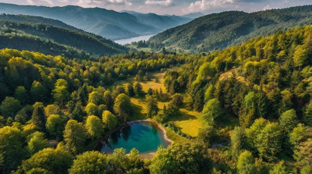 Aerial view of a lake in the Carpathian Mountains, Ukraineの写真素材