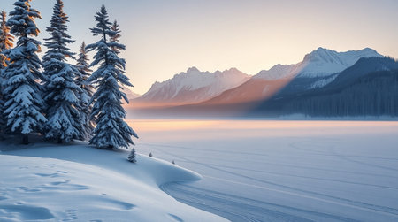 Fantastic winter landscape with snowy fir trees on the shore of Lake Louise, Banff National Park, Alberta, Canadaの写真素材