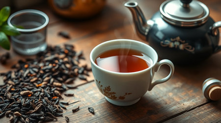 Cup of tea and teapot on wooden table, closeupの写真素材