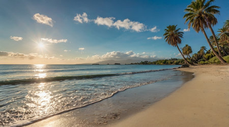 Panoramic view of a tropical beach with palm trees at sunsetの写真素材