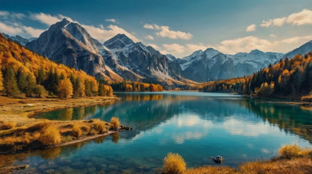 Panoramic view of alpine lake in autumn. Beautiful mountain landscape.の写真素材
