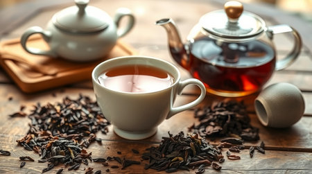 Cup of tea and teapot on wooden table, closeupの写真素材