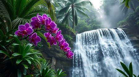 Beautiful purple orchid flower and waterfall in the tropical forest.の写真素材
