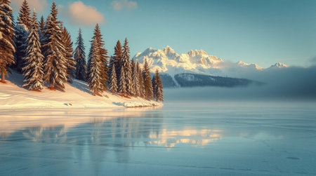 Fantastic winter landscape with frozen lake and snow covered mountains in backgroundの写真素材