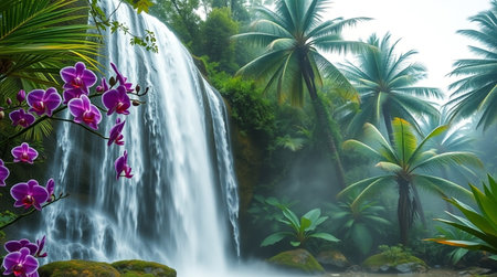 Tropical waterfall in the rainforest with orchids.の写真素材