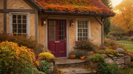 Beautiful autumn garden with colorful trees, bushes, flowers and red door