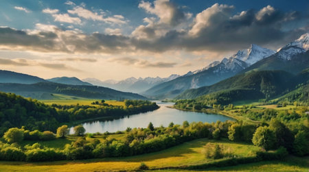 panoramic view of the lake and mountains at sunset in Austriaの写真素材