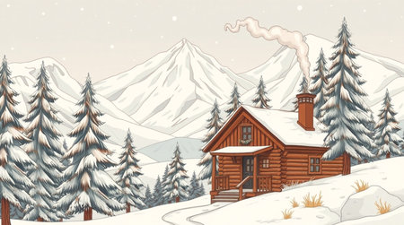 Winter mountain landscape with wooden house and pines. Vector illustration.の写真素材