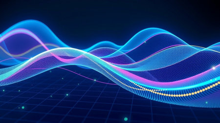 3d render, abstract background with blue and purple dynamic waves, digital sound wave