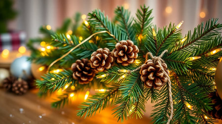 Christmas background with fir branches, pine cones and garland lights.