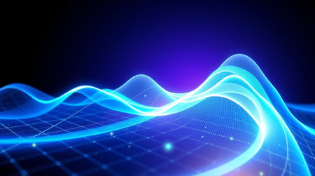 abstract wave technology background, glowing lines and dots, 3d render