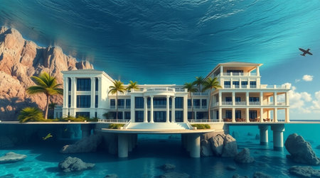 3D CG rendering of a luxury villa in the middle of the seaの写真素材