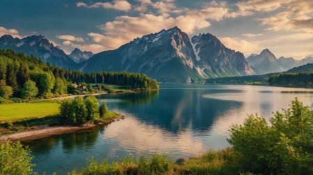 Beautiful view of the lake and mountains in the background at sunset