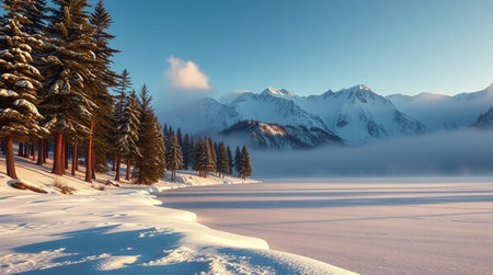 Fantastic winter landscape with snow covered fir trees on the shore of lake