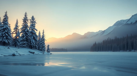 Beautiful winter landscape with frozen lake and snowcapped mountains.の写真素材