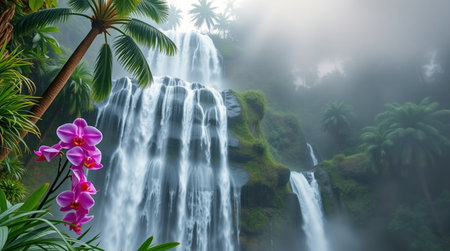 Tropical waterfall with pink orchid and palm trees in the jungleの写真素材