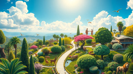 3d render of a fantasy garden with grass, flowers and animalsの写真素材