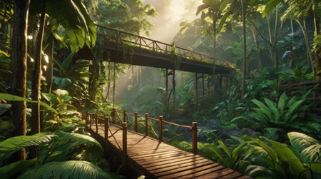 Wooden bridge in the rainforest with green plants and sunlight.