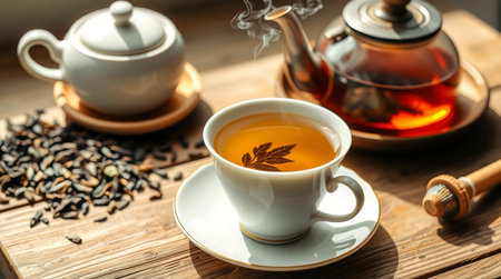 Cup of tea and teapot on wooden table, closeup