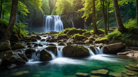 Panorama of beautiful waterfall in deep forest. Long exposure photo.