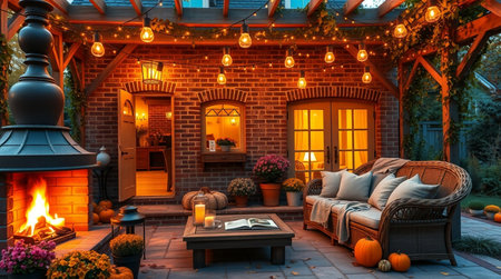 3D rendering of a cozy terrace with a fireplace and a sofaの写真素材