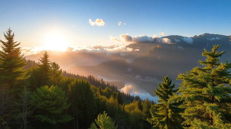 Sunset in the mountains. Panoramic view of the forest and lake.