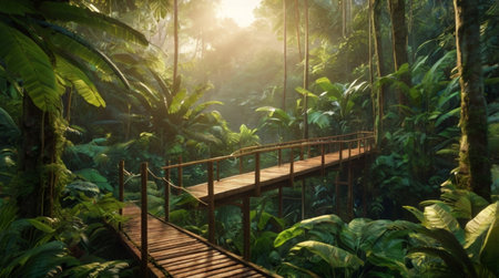 Wooden walkway in tropical rainforest with palm trees and sunlightの写真素材