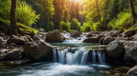 Beautiful mountain river with clear water flowing through the forest in summer.の写真素材