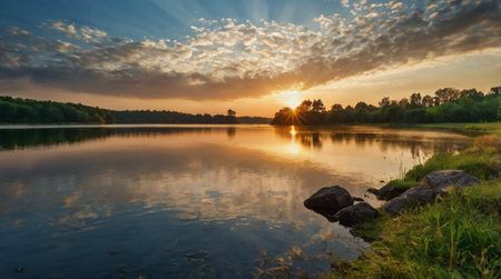Sunset on the lake in summer. Beautiful summer landscape. Panoramaの写真素材