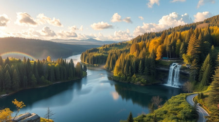 Beautiful panorama of a mountain lake in the autumn forest.の写真素材