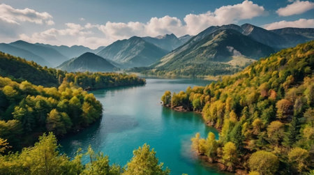 Panoramic view of the lake and the mountains. Summer landscape.の写真素材