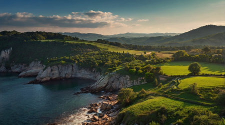 Aerial view of the sea and mountains at sunset. Beautiful summer landscape.の写真素材