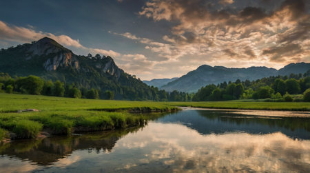 Landscape with river and mountains in the background at sunset, Poland